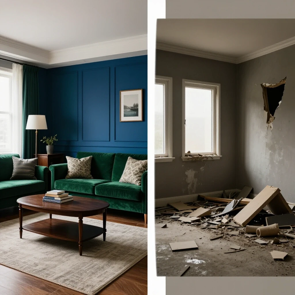 A split image depicting a beautifully renovated living space contrasted with a chaotic damaged room, emphasizing home renovation risks.