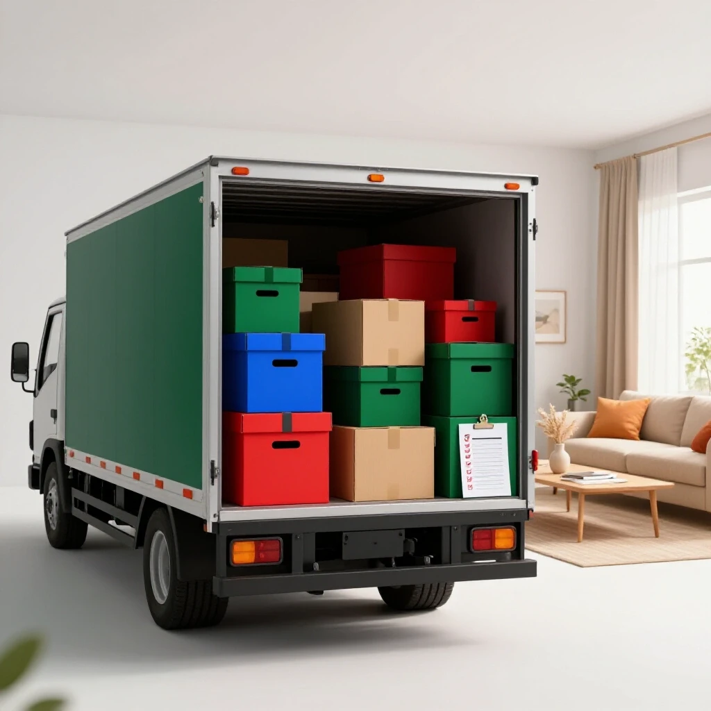 Visual contrast of a cluttered moving truck filled with boxes beside a serene, organized living space and a subtle checklist.