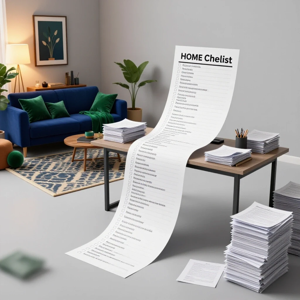 A split scene showing a cozy home on one side and a stressful home-buying checklist on the other, depicting the contrast in homeownership.