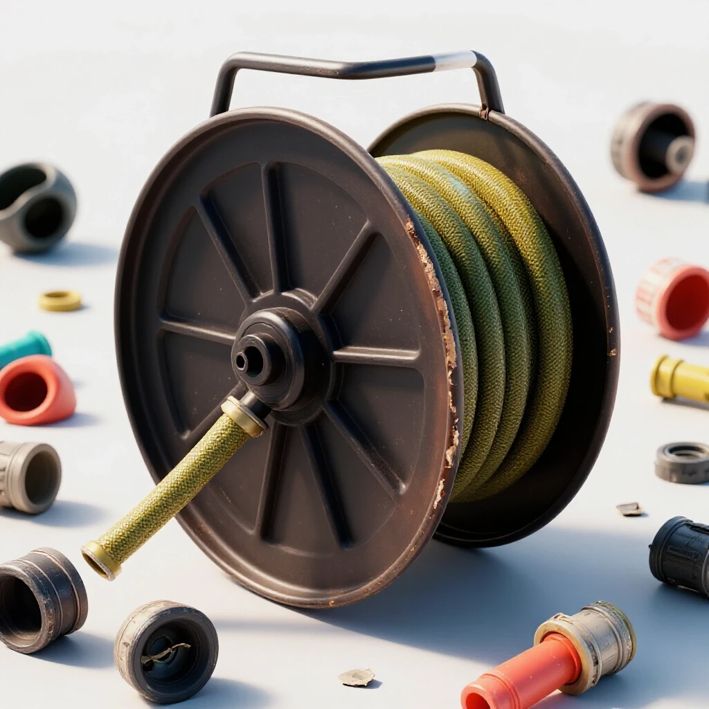 A partially shattered hose reel with scattered worn components in a bright outdoor setting, showcasing durability issues.