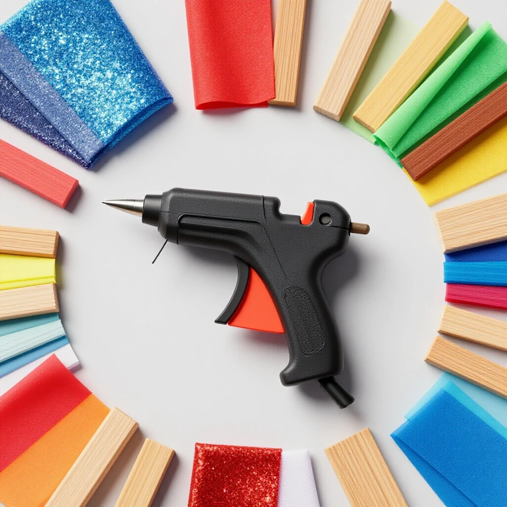 A vibrant arrangement of a well-used hot glue gun surrounded by colorful craft materials like glitter, fabric, and wood pieces.