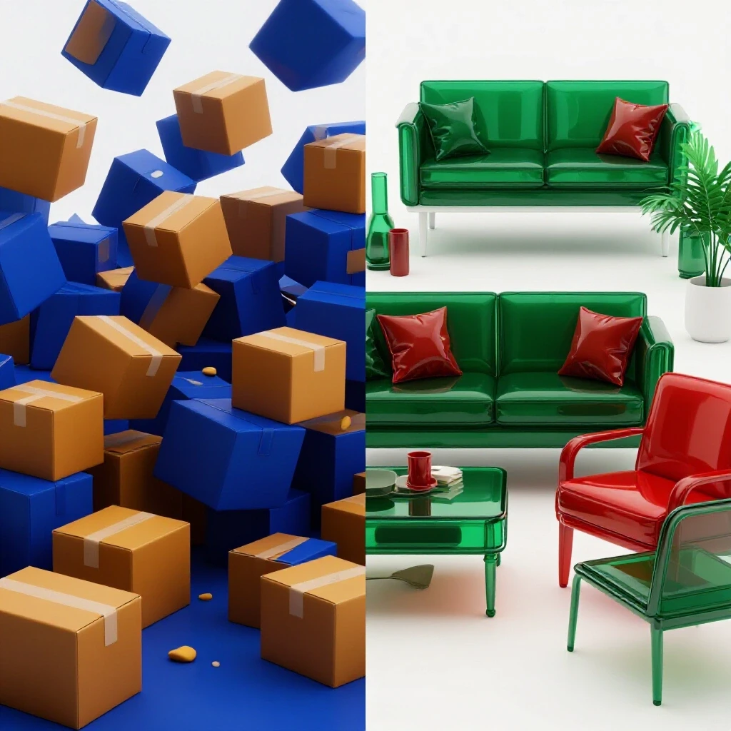 A split image showing one half cluttered with moving boxes and the other half a serene, organized living space, highlighting household transitions.