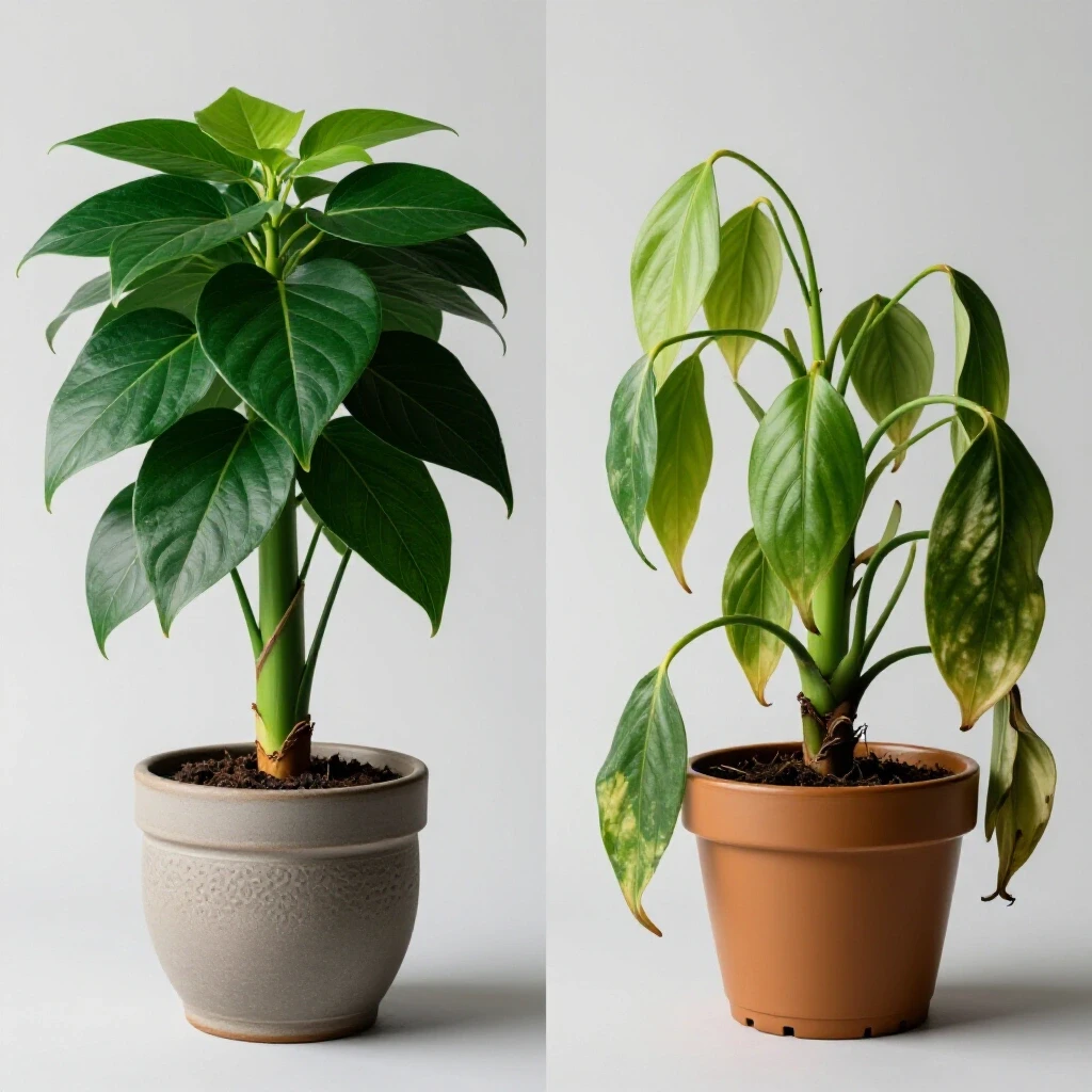 A striking image contrasting a vibrant houseplant with lush green leaves beside a wilted plant, symbolizing home decor choices.