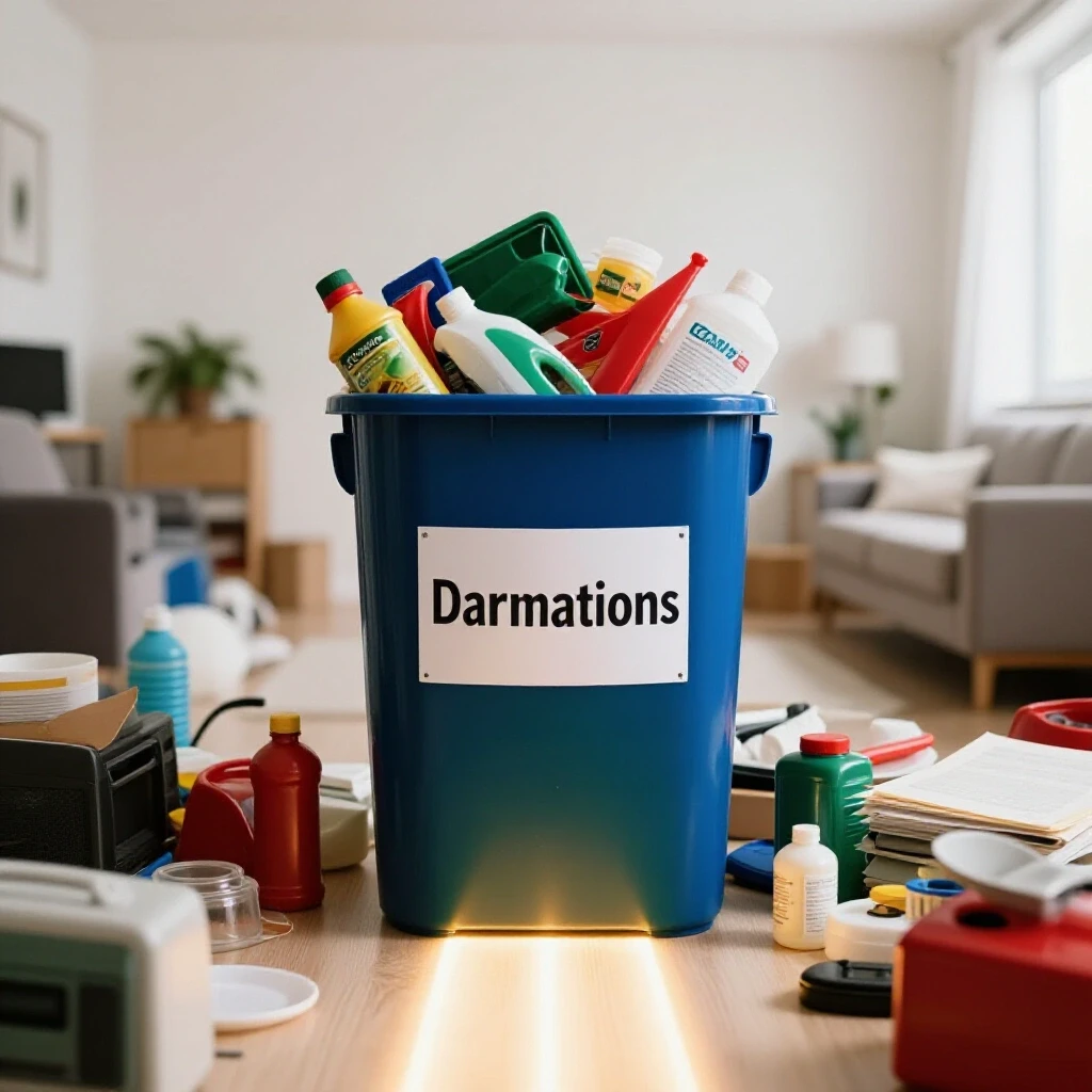 A cluttered household background with a bright car donation bin in focus, illustrating the journey from chaos to order.