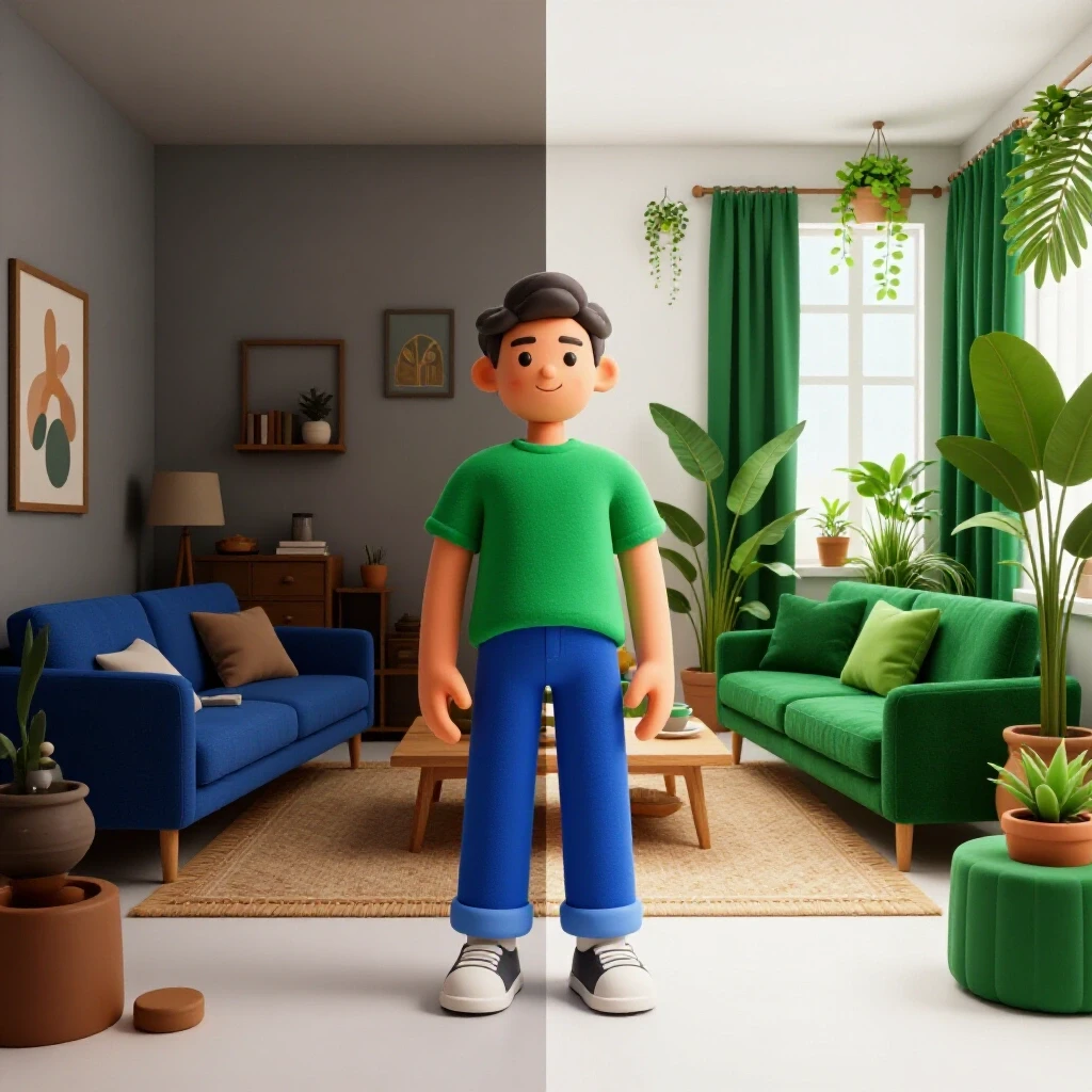 A split scene illustrating a cluttered room on one side and a vibrant, organized space on the other, highlighting home improvement ideas.