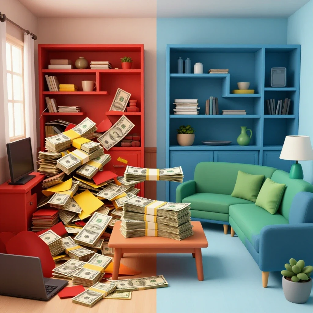 A visual representation of a cluttered room transforming into an organized space, highlighting the connection between minimalism and savings.