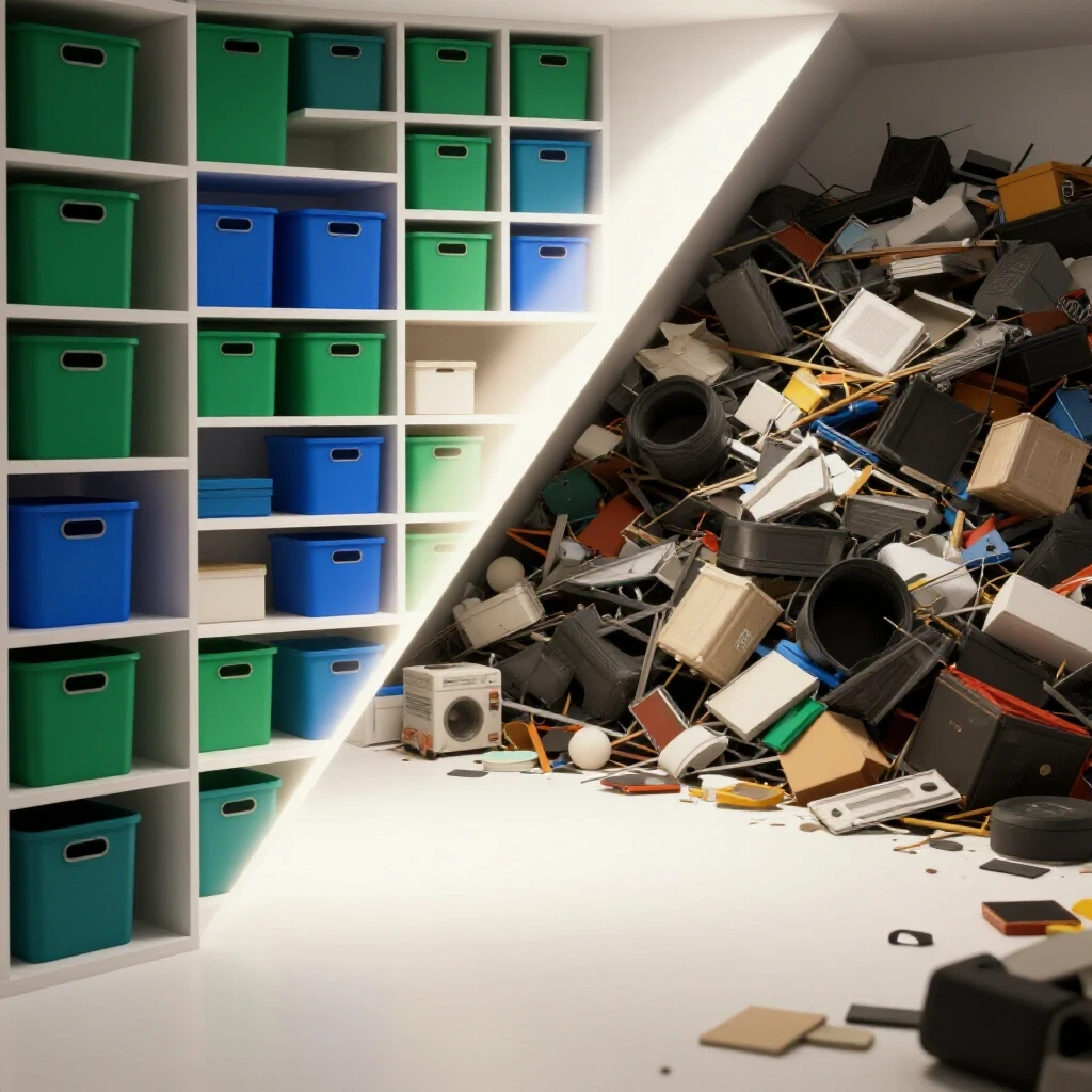 Split image showing an organized area with stylish storage solutions on one side and a chaotic cluttered space on the other, illuminated by light beams.
