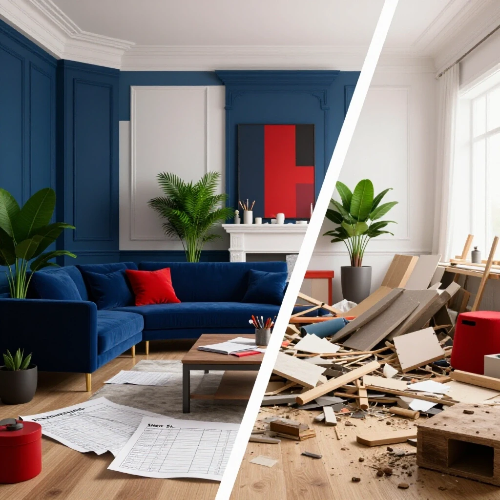 A striking visual of a renovated room contrasted with a cluttered renovation site, highlighting renovation costs.