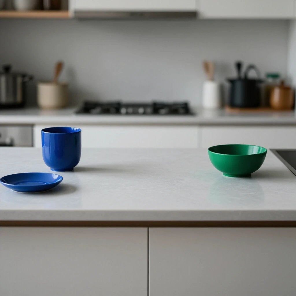 A serene kitchen with a cleared countertop featuring minimal decor against a blurred cluttered background.