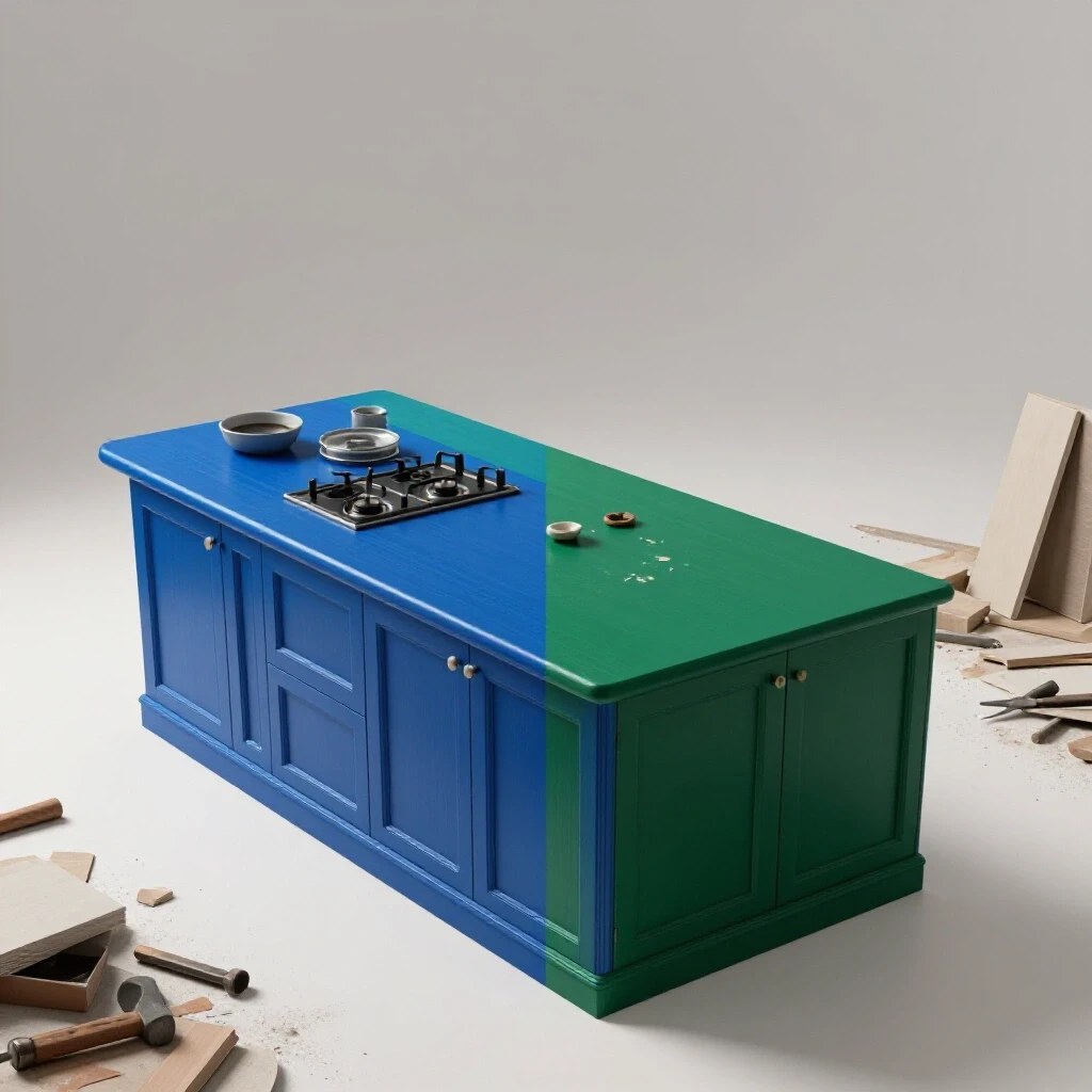 A split scene showcasing a vibrant renovated kitchen countertop adjacent to a chaotic renovation space with scattered tools.