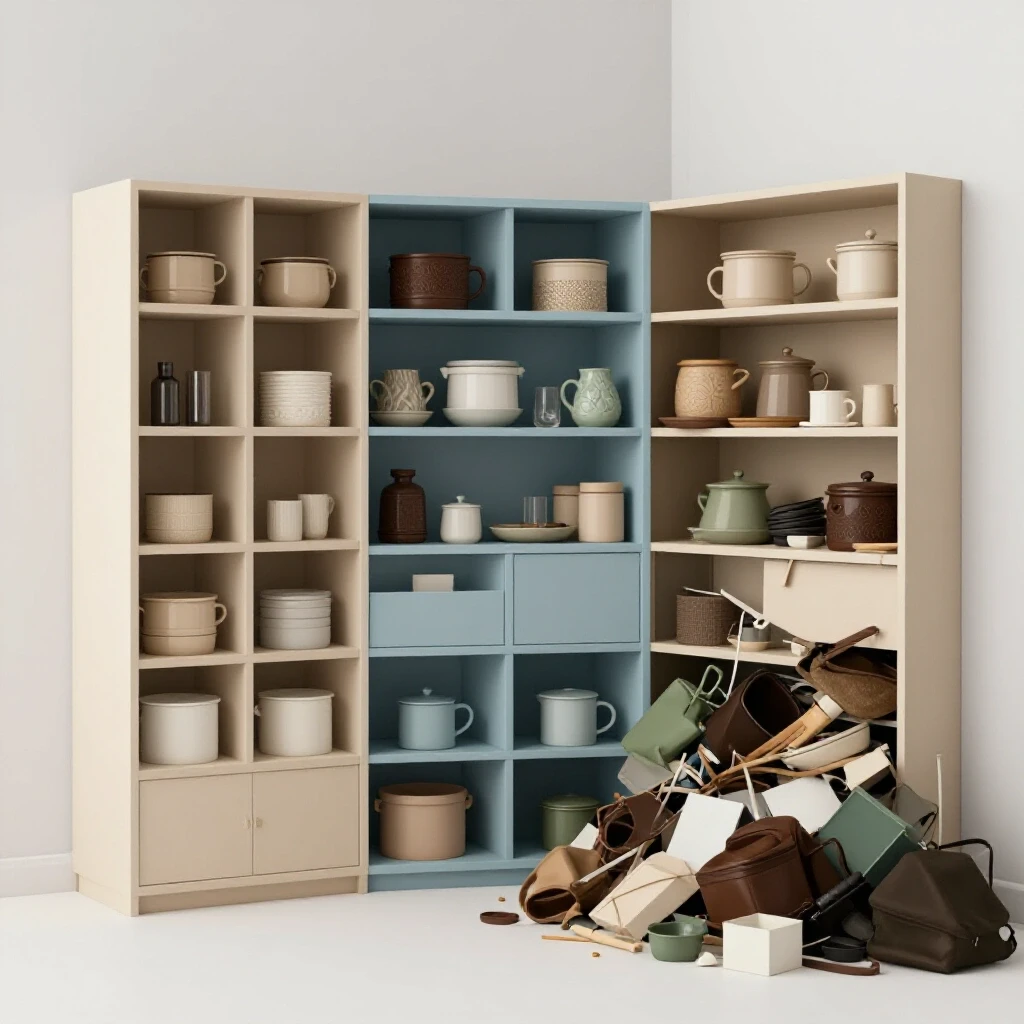 A beautifully organized room contrasts with a cluttered corner, showing the benefits of decluttering for spending less.