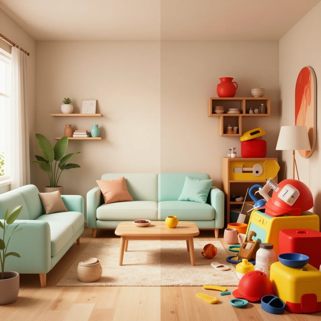 Image contrasting a serene, organized living space with a chaotic, cluttered room, symbolizing the benefits of decluttering.