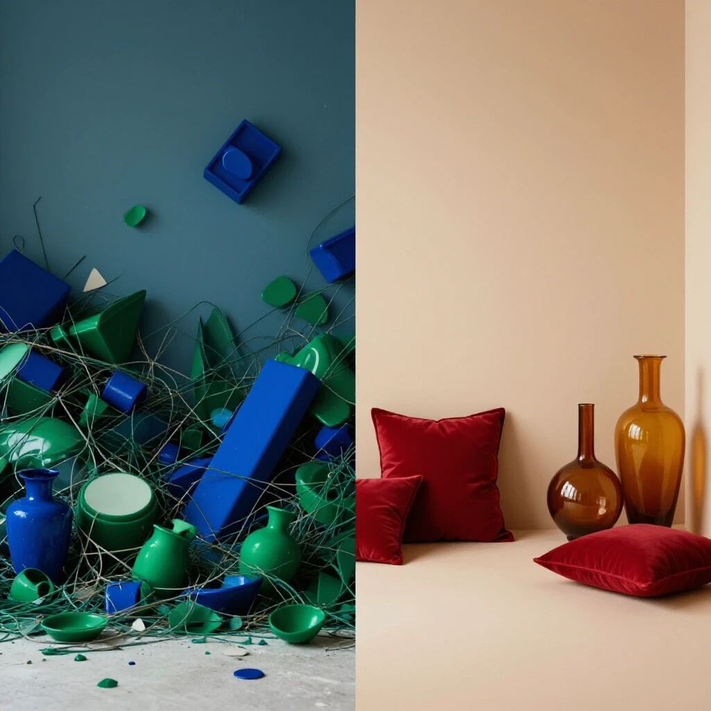 A split-image showing a chaotic cluttered space contrasted with a peaceful minimalist area, highlighting the benefits of decluttering.