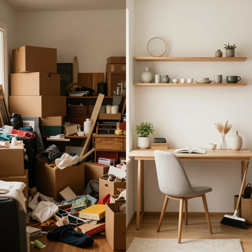 A split image showcasing a cluttered space on the left and a tidy, organized area on the right, illustrating decluttering benefits.