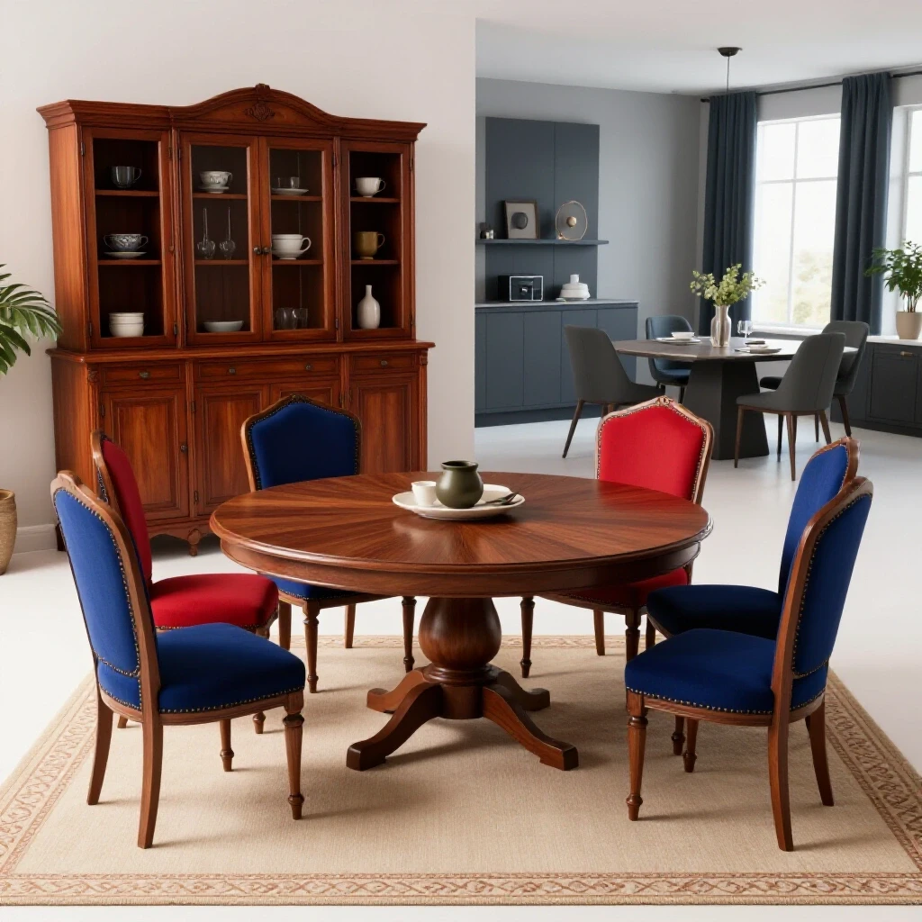 A visually striking dining room image juxtaposing vintage decor with modern design elements, evoking a timeline of dining experiences.