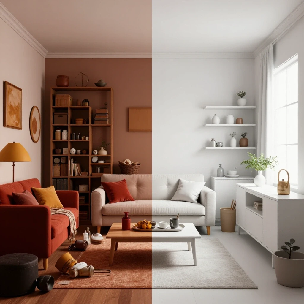 A split image showing a chaotic living space on one side and an organized home area on the other, highlighting the contrast.