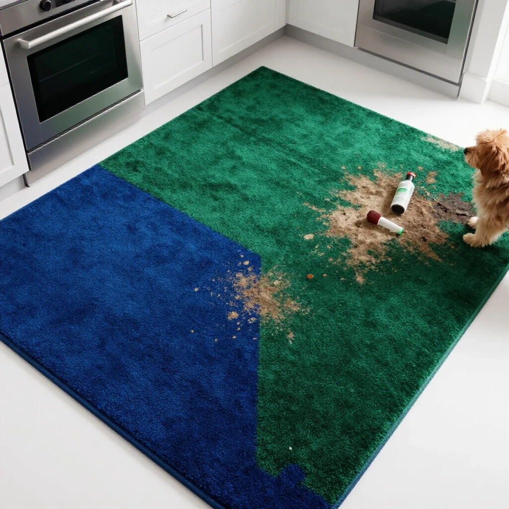 A vibrant kitchen rug, half pristine and half worn, displayed in a stylish kitchen with everyday items.