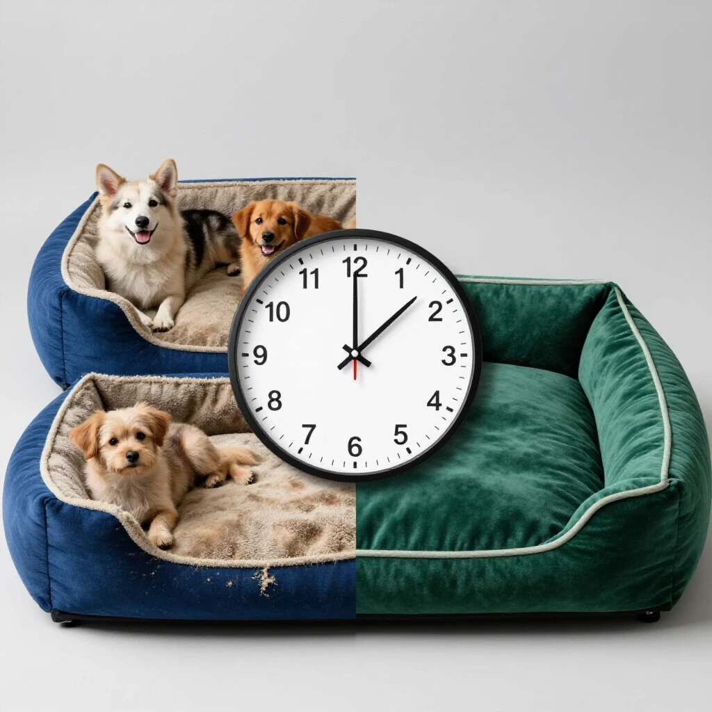 A split scene showing a cozy worn pet bed with playful pets and a new pet bed with a clock to illustrate durability.