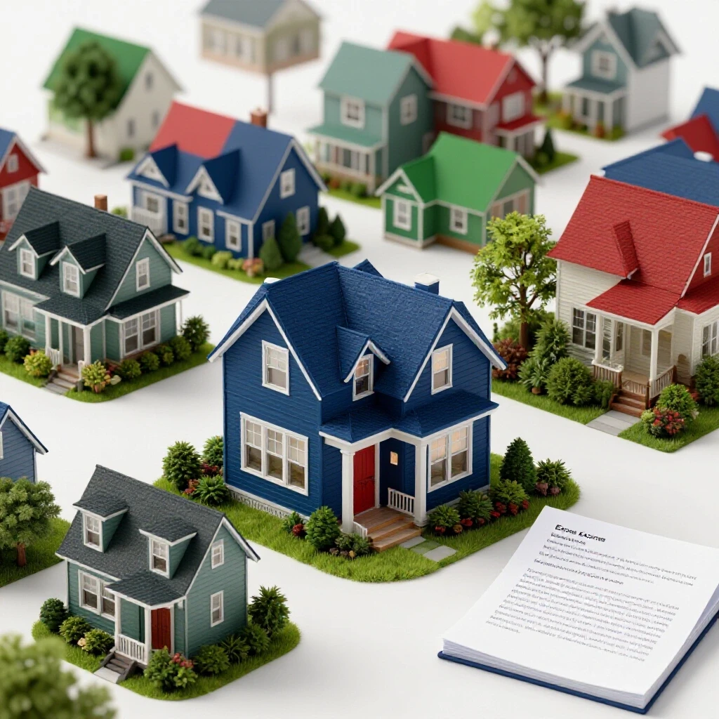 A visually captivating scene showing a house transforming through different styles and seasons with homeowner records in the background.