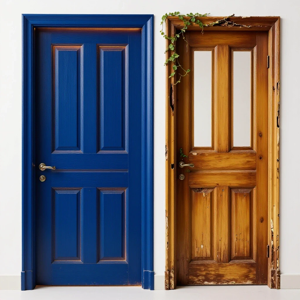 Split-screen image showing a vibrant door frame contrasting with a decayed, rotting frame, symbolizing door decay and prevention.