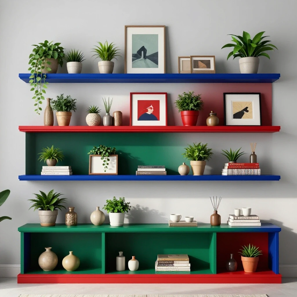 A styled living room with a mantel shelf displaying decorative items at varying heights and rich colors