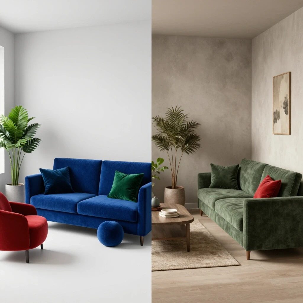 A split image showing a vibrant, modern living space on the left and a faded, outdated room on the right, symbolizing design evolution over 5 years.