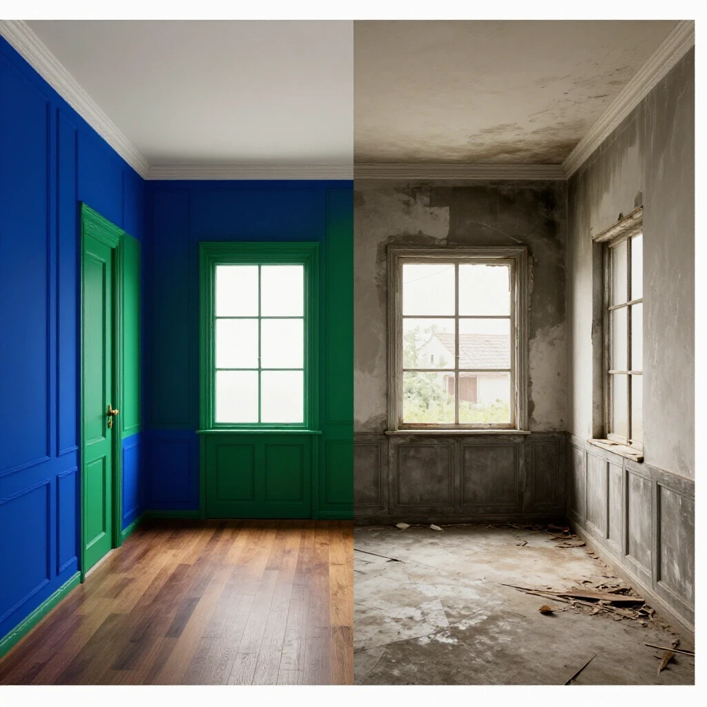A split image showing a renovated room in vibrant colors contrasting with a dilapidated space in muted tones, highlighting the impact of home renovations on appraisal value.