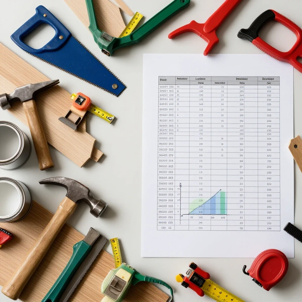 A split scene showing a chaotic renovation workspace on one side and a clean organized budget sheet on the other side, illustrating labor cost calculation.