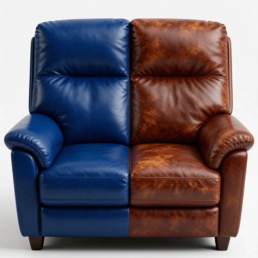 A leather sofa showcasing a split view with pristine leather on one side and rich patina on the other, symbolizing 10 years of wear.