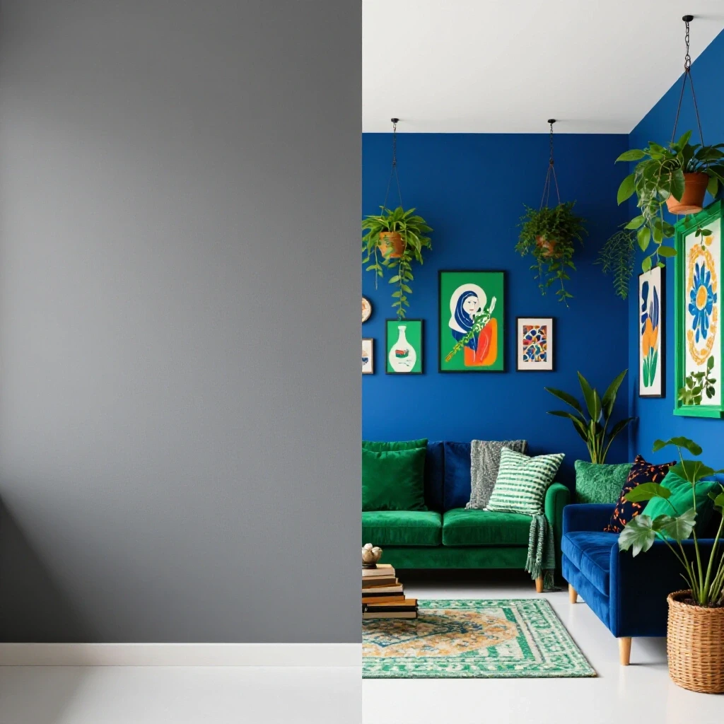 A visual contrast showing a stark empty wall on one side and a vibrant, fully decorated room on the other side, highlighting decor choices.