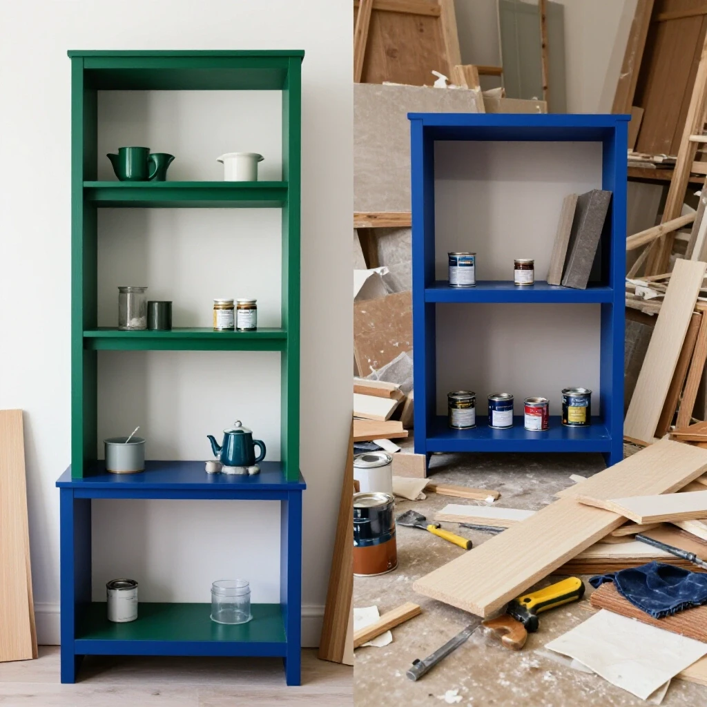 Split image showing a finished DIY project in vibrant colors beside a cluttered workspace with tools and materials.
