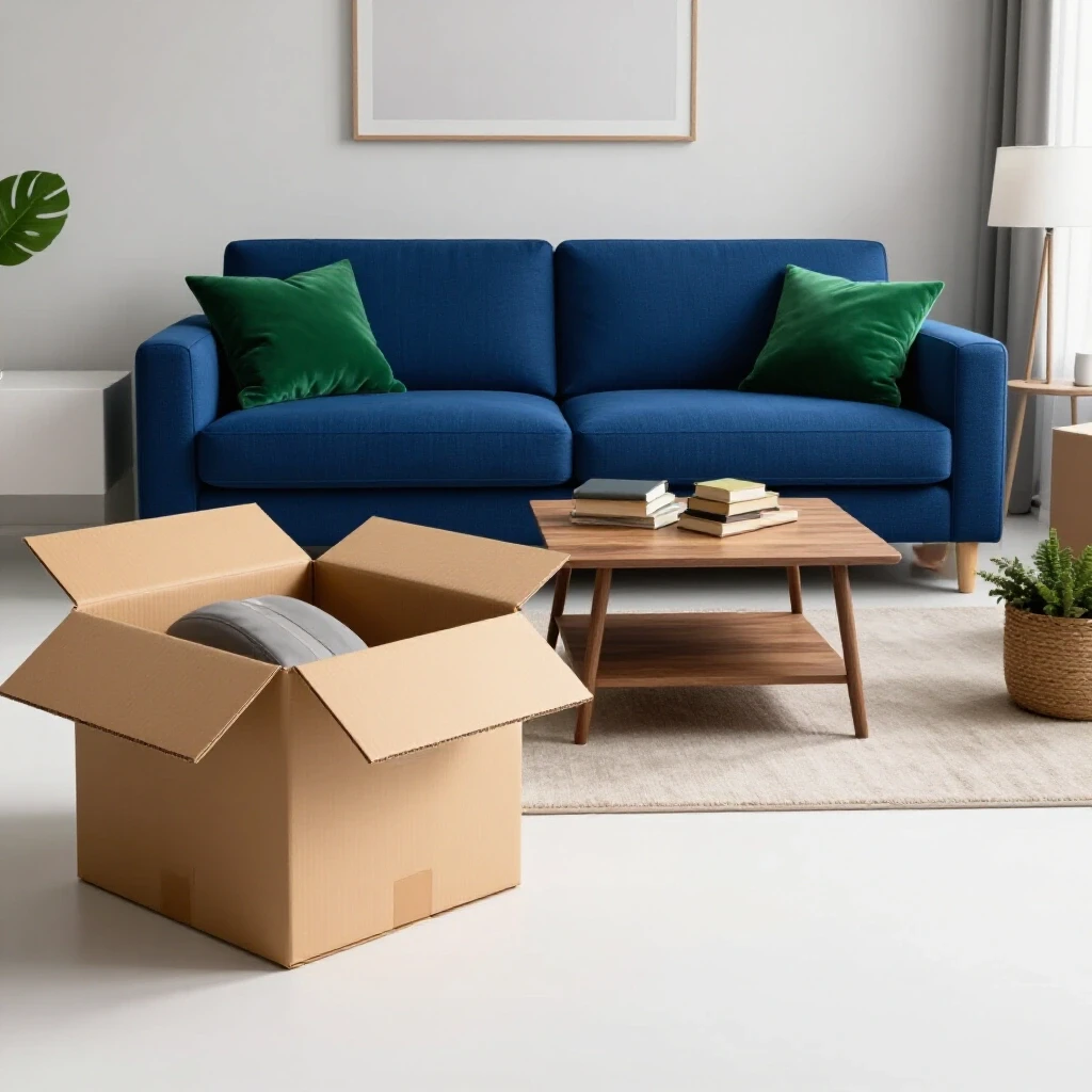 A cozy living space contrasted with an unpacked moving box, symbolizing the journey of settling in after moving.