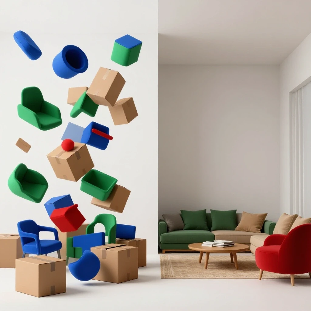 A vibrant scene contrasting scattered moving boxes and furniture with a serene, organized home interior.