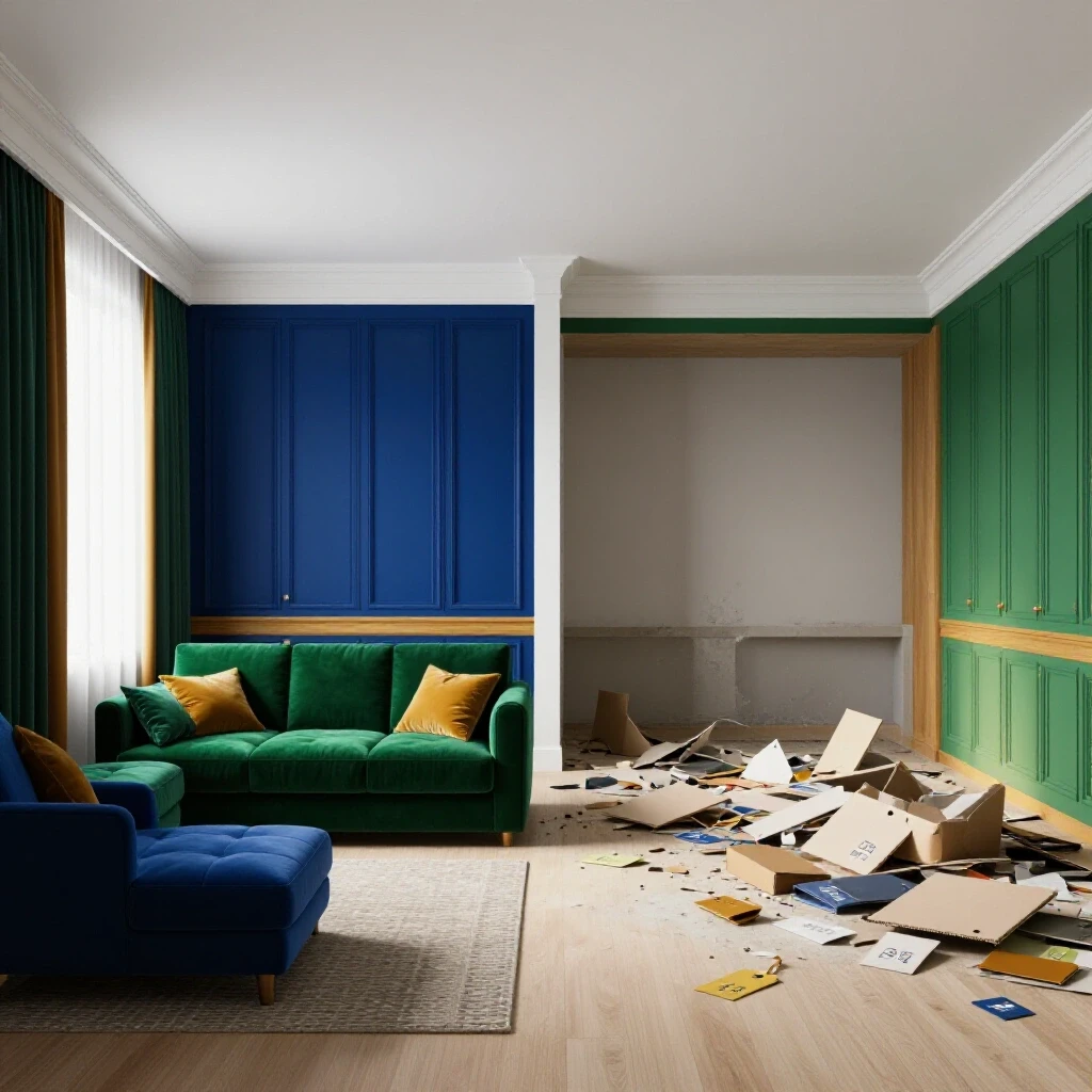 Split view of a beautifully renovated room contrasting a cluttered space, highlighting renovation cost considerations.