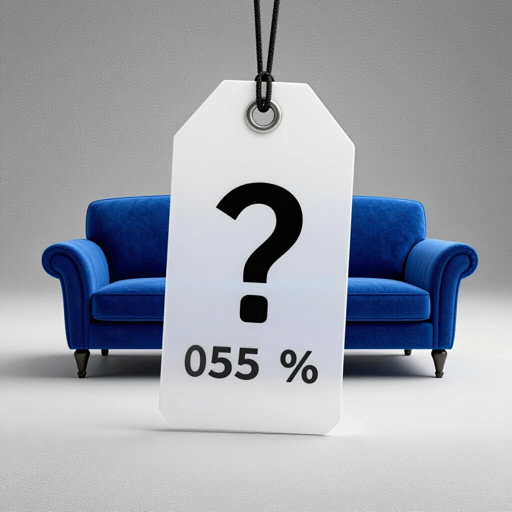 A luxurious royal blue sofa with a translucent price tag in a bright, clean studio environment, contrasting with a cluttered background, emphasizing comfort and value.