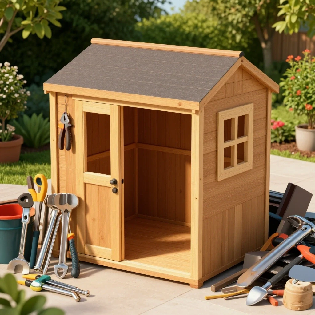 A partially constructed shed surrounded by shiny tools and a chaotic pile of scrap materials, symbolizing the DIY journey.
