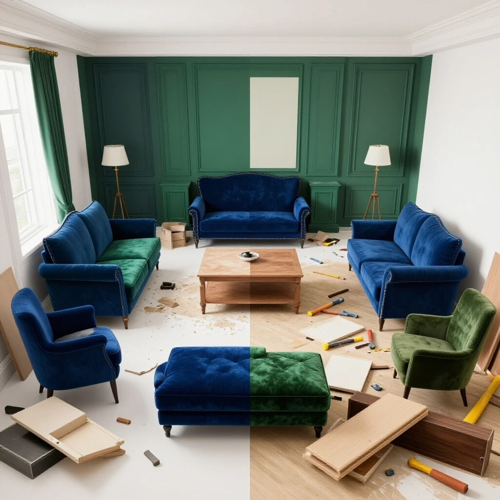 Split-room design featuring a renovated half with elegant furniture and a messy half with disassembled pieces and tools.