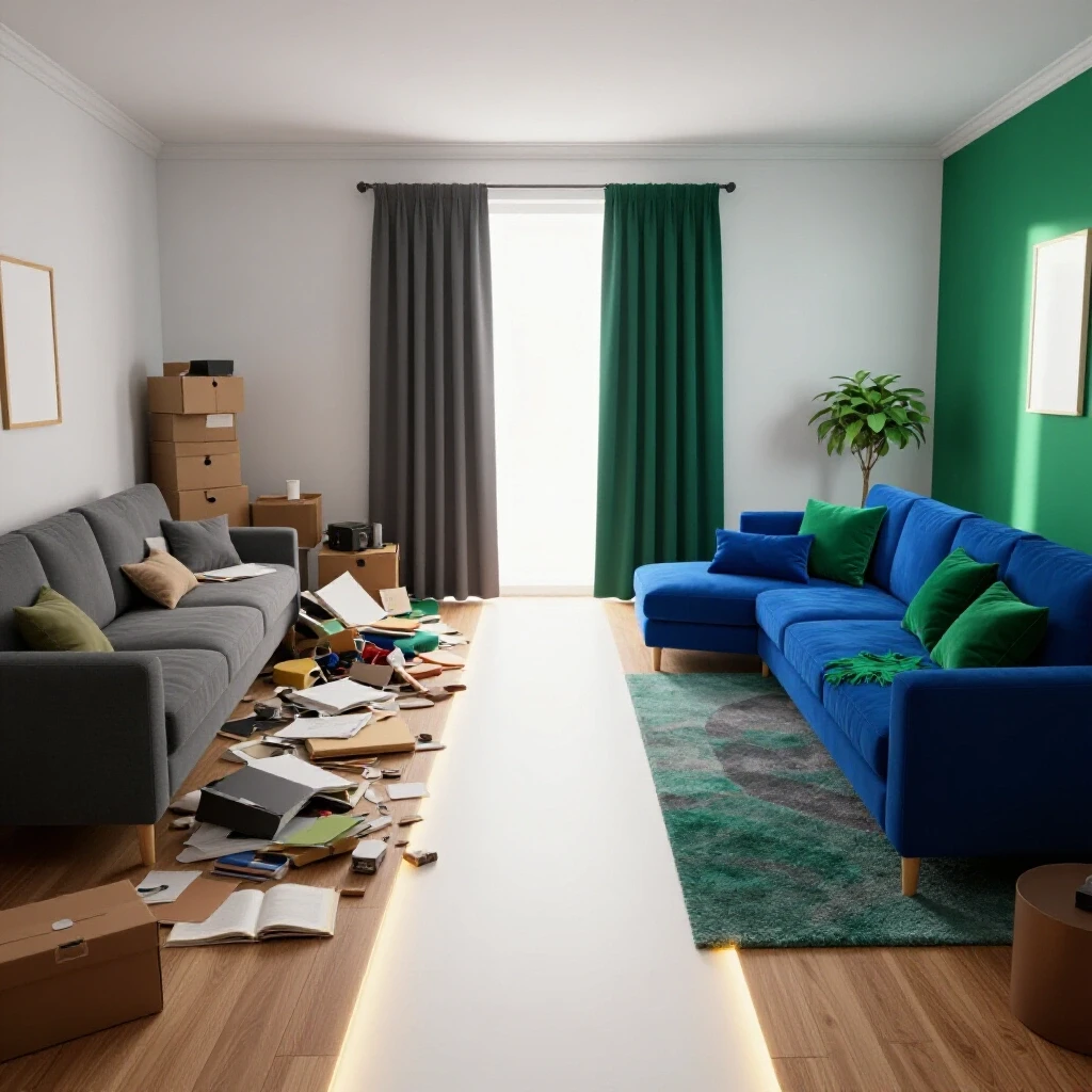 Contrasting living spaces showcasing a cluttered area transitioning to a vibrant, organized room, highlighting a simple home improvement tip.