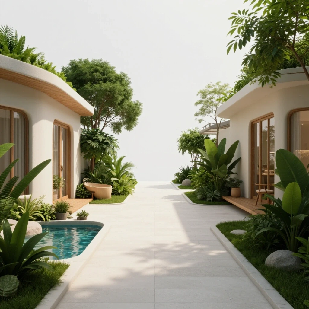 A serene open walkway connecting cozy home areas with lush greenery and soft natural lighting, illustrating a calming home layout.