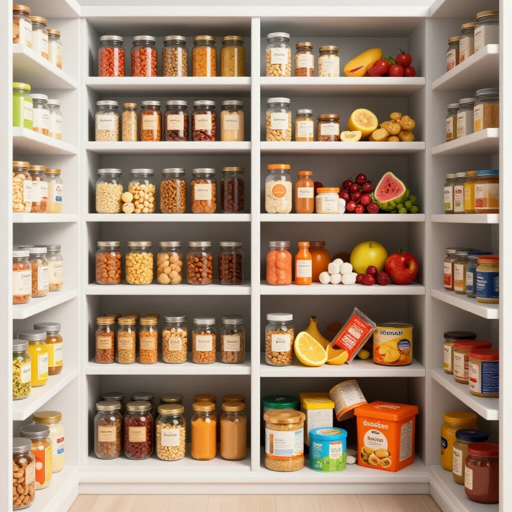 A 3D-rendered image showing a well-organized pantry with clear jars and sections juxtaposed with a cluttered pantry scene, emphasizing organization.