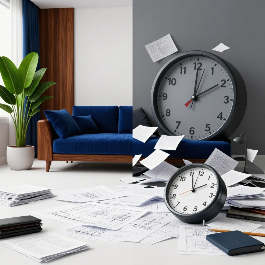 Contrasting image of a beautifully renovated room next to chaotic paperwork and blueprints showcasing renovation delays.