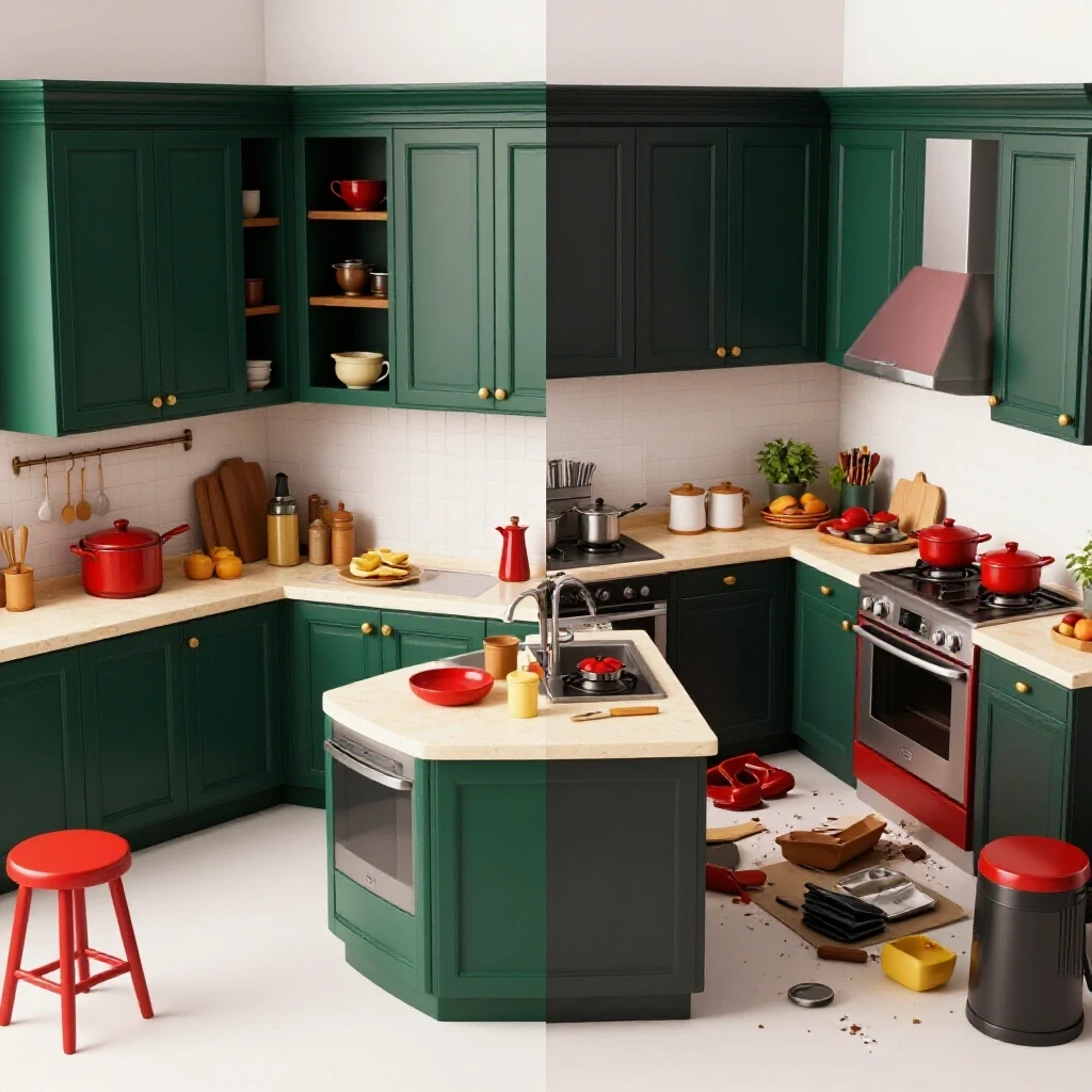 A split-screen image depicting a well-designed kitchen on one side and a chaotic, mismatched kitchen layout on the other to illustrate renovation challenges.