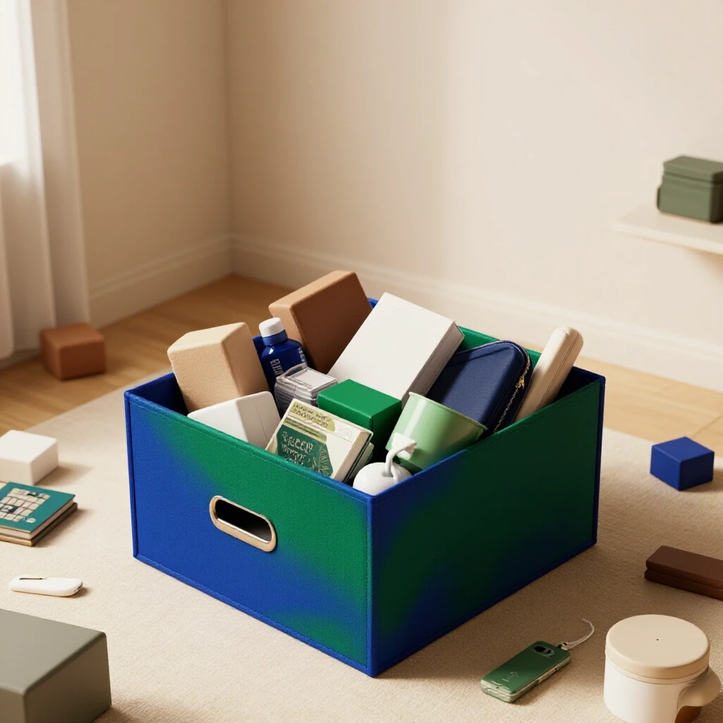 A well-organized room with a centrally placed overflowing keep box surrounded by scattered clutter, highlighting decluttering benefits.
