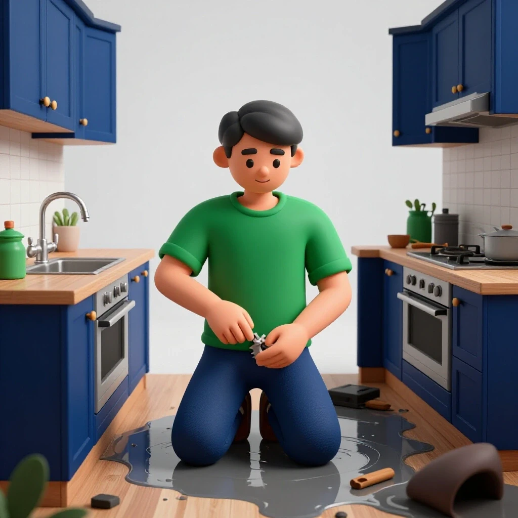 A split-scene image showing a calm kitchen with a leaky faucet on one side and a flooded kitchen disaster on the other, highlighting the importance of home repair.