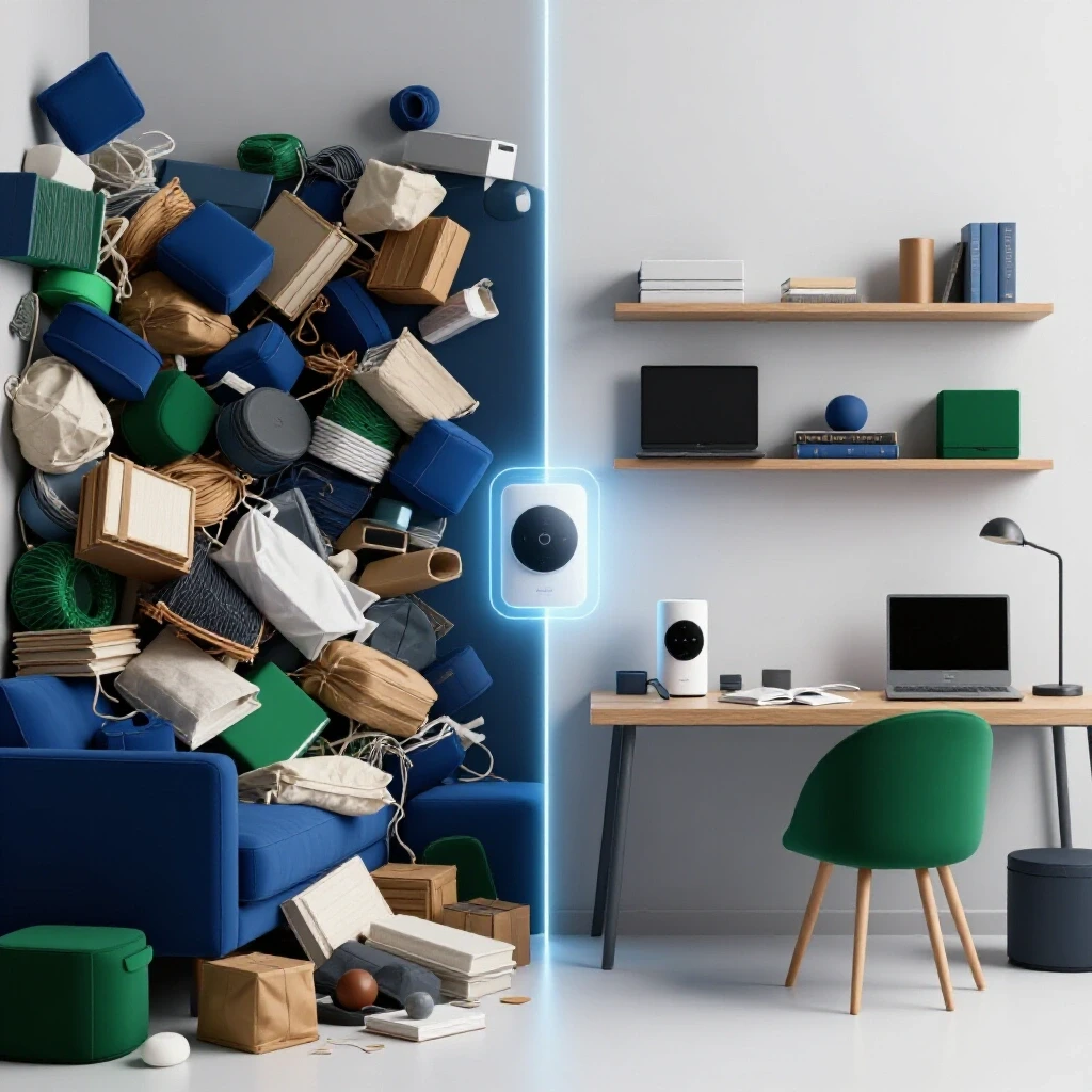 A split image showing a cluttered room on one side and an organized space on the other, connected by glowing smart home devices.