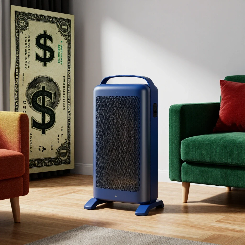 Cozy living room with a space heater and a shadowy corner depicting a bill, highlighting the impact on electric costs.