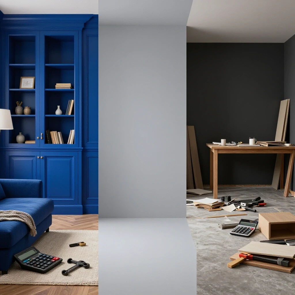 A split image showing a renovated room contrasting with a cluttered space, emphasizing renovation cost estimation.