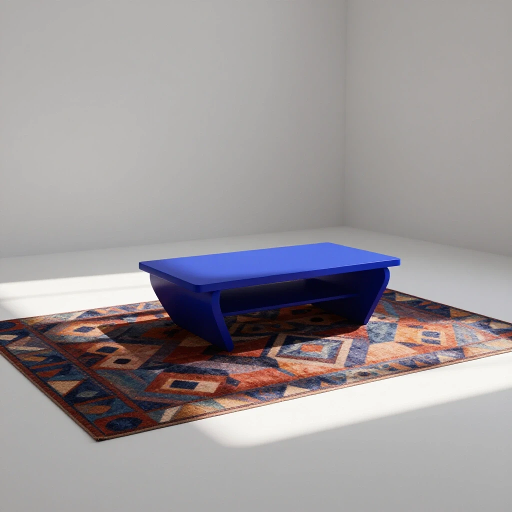 Minimalist interior design featuring a royal blue coffee table in a bright white room with a geometric rug.