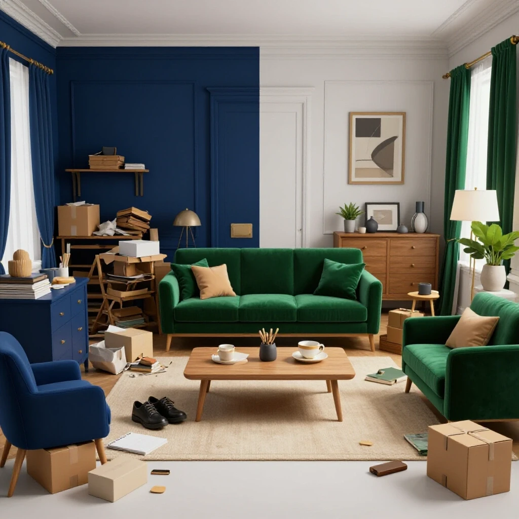 A split scene showing a chaotic room on one side and an organized space on the other, emphasizing home adjustment challenges and solutions.