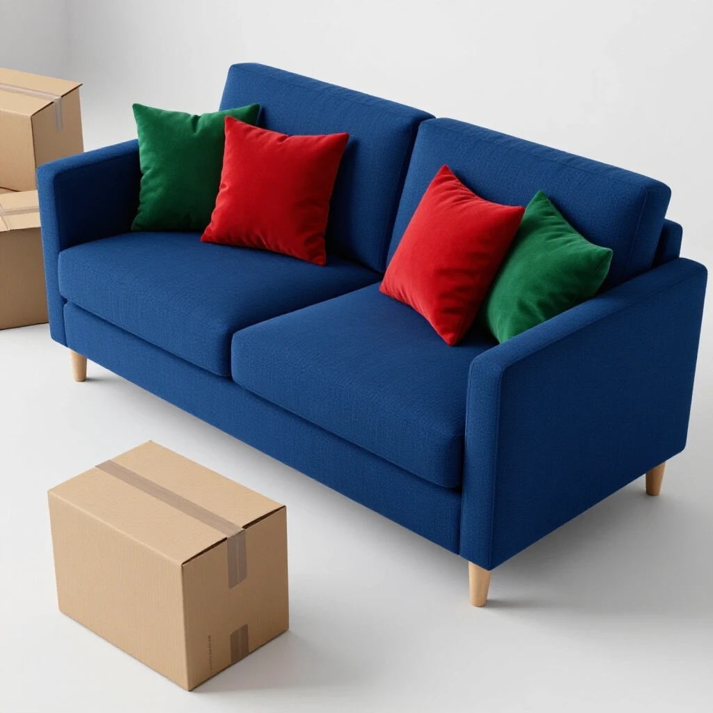 A cozy room scene featuring a royal blue couch with vibrant cushions and a cardboard packing box, symbolizing temporary living.